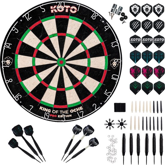 KOTO Pro Edition +KOTO Accessory Kit Steeltip Black 90 Pieces, Complete DartSet, Dartbord van KOTO