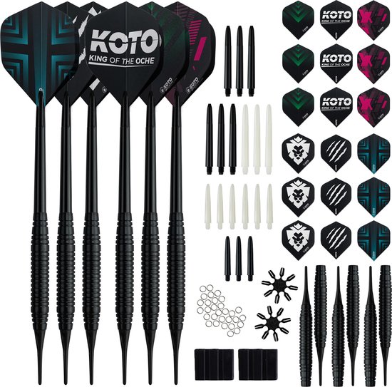KOTO Set van 6 Elektronische Dartpijlen, 18 gram, Dartpijlen met plastic punten, Softtip Darts met 18 shafts, 18 flights, 16 flightbeschermers, 30 O-ringen & Puntendrager. van KOTO