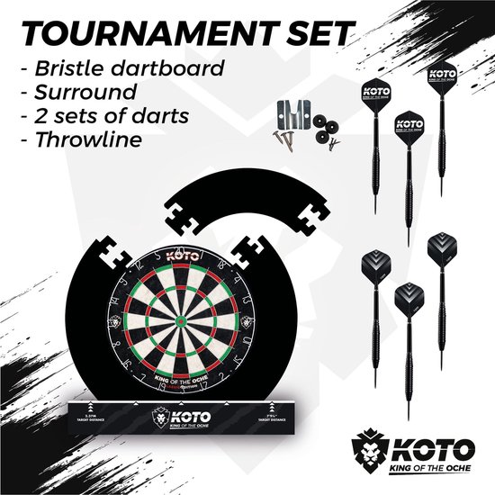 KOTO Tournament Set Zwart, DartSet, Officiële Standaard, Sisal Dartbord & Dartpijlen & Surround van KOTO