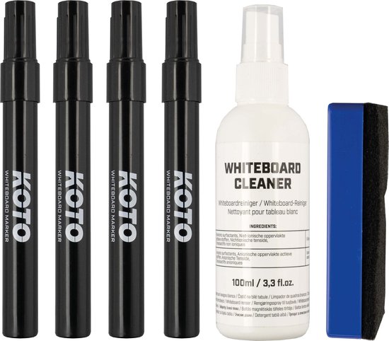 KOTO Whiteboard MarkerSet Zwart, MarkerSet Zwarte stiften, duurzaam materiaal, 4 whiteboard markers, 1 whiteboard gum, reinigingsspray van KOTO