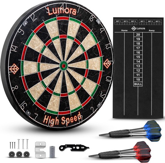 Lumora - Dartbord Set - 6 Dartpijlen - met Shafts, Flights en Puntslijper - Scorebord - Sisal - Dart flights - Darts - Dart - Cadeau man van Lumora