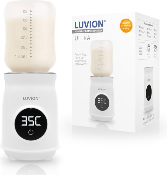 LUVION® Draagbare Flessenwarmer voor onderweg én thuis - Wit - Geschikt voor o.a. Dr. Brown, Philips Avent, Difrax, Medela, Alvar, NUK, MAM en huismerk Kruidvat en Etos babyflessen - Draadloos je baby fles verwarmen van LUVION