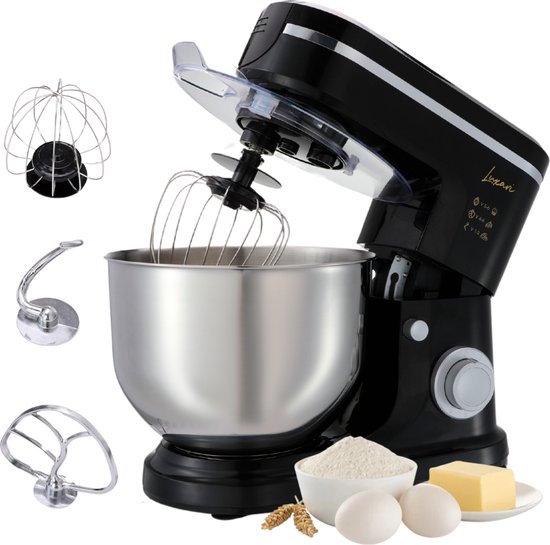 Luxari Keukenmachine – Incl. Spatscherm, 3 Opzetstukken – 6 Snelheden - 6L Mengkom - 1500W - Keukenrobot - Foodprocessor - Keukenmixer - Zwart van Luxari