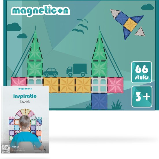 Magneticon Pastel 66 stuks - Magnetisch speelgoed - Montessori speelgoed - Magnetische Bouwstenen - STEM speelgoed - Magnetic tiles - Speelgoed 3+ jaar - Cadeau kind van Magneticon