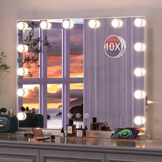 Make-Up Spiegel met Verlichting en 14 Dimbare LED-lampen - 50x40cm Tafel- en Wandmodel met USB en 10x Vergroting van Lifa Living