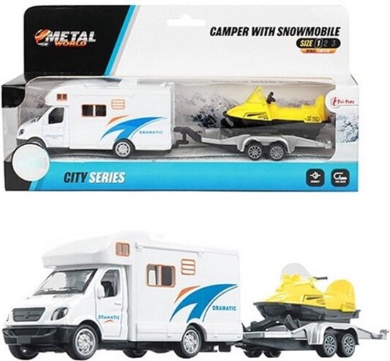 METAL Camper pull back+aanhanger+sneeuwscooter - Compleet set - Vakantie speelgoed voertuig set van Chicos