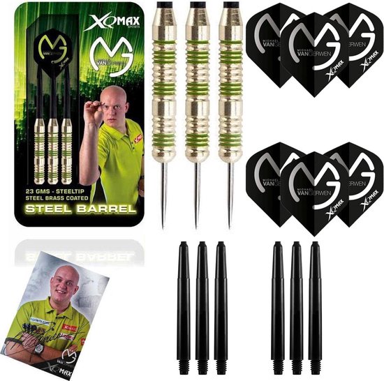 Michael van Gerwen - steeldarts - green edition - 23 gram - dartpijlen - gesigneerde foto - 6 dartshafts + 6 dartflights van Michael van Gerwen.