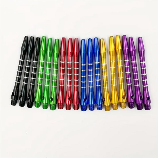 Multikleur dart schachten aluminium set – dart shafts voor heren en dames – aluminium dart stelen met geribbelde grip en schroefdraad aansluiting – set met 18 dart schachten in zwart, groen, rood, blauw, goud en paars van Merkloos