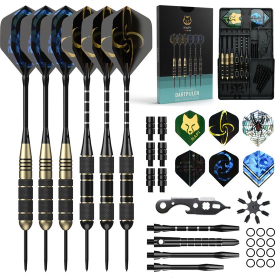 NAPI Darts - 6 Dartpijlen (64-delig) - 23, 24, 25, 26 Gram Dartspijlen - 2 Sets Premium Brass Pijlen - Steeltip - Inclusief Dart Flights & Case
