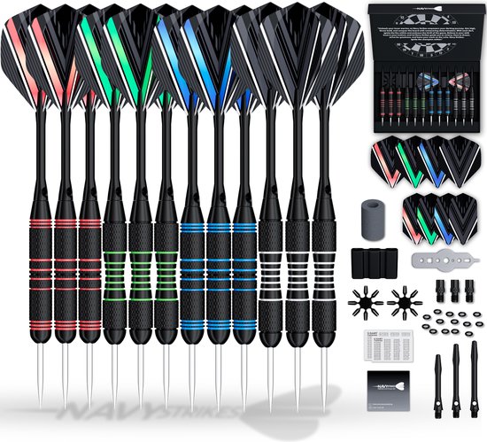 Navy Strikes Dartpijlen Set 23 24 Gram - Set van 12 Pijlen - 2 Soorten Grip - Flights Darts en Dart Shafts - Darten - 108 Delige Set - Incl Add-a-Gram 25 Gram van Navy Strikes