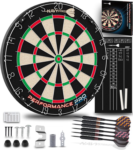 Navy Strikes Performance Pro Dartbord Set - Incl 6 Dartpijlen 23 gram en Scorebord - A Klasse Sisal - Toernooi Afmeting - Flights Darts en Dart Shafts van Navy Strikes
