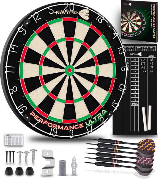Navy Strikes Performance Ultra Dartbord Set - Incl 6 Dartpijlen 23 gram en Scorebord - Braziliaanse Sisal - Toernooi Afmeting - Flights Darts en Dart Shafts van N/A