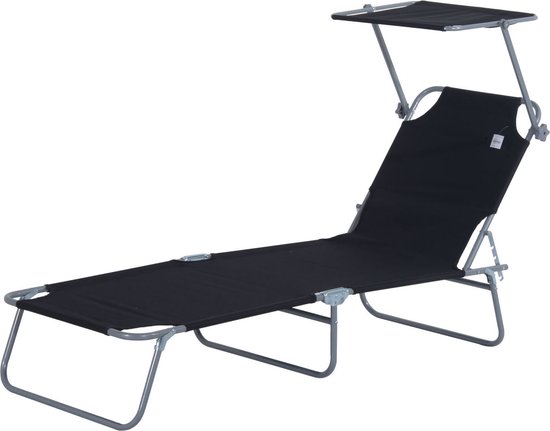 Outsunny - Ligbed - Inklapbaar - met Zonnedak - 4 Standen - Zwart van Outsunny