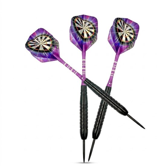 Paars zwart dartpijlen set 3 stuks 24g dartpijlen heren dames metalen punt professionele darts met paarse shafts en dartbord flights