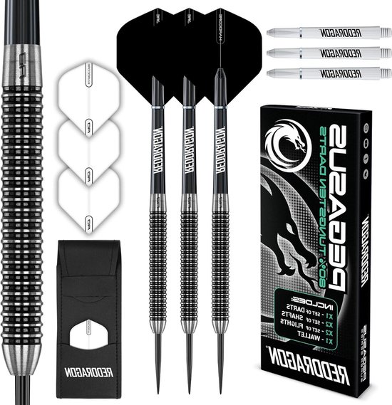 Pegasus Professionele Wolfraamsteeltip Dartset - 21 23 24 25 26 28 30 gram - Flights Shafts en Tas van Pegasus