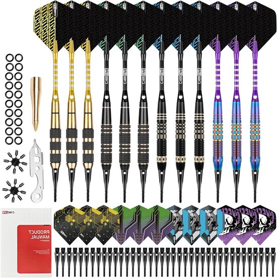 Premium soft darts set met plastic tips, 12 stuks - Messing dartpijlen met 4 ontwerpen, 24 vleugels, 50 punten en accessoires voor elektronische dartborden