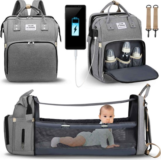 Product Plaza - Luier- en Verzorgingstas - Baby Rug Tas met bed -  Reis Rugzak - Grote Capaciteit - Jongens en Meisjes - Grijs - luier tas - verzorgingstas baby - Uitschuifbaar Verschoon/ Slaap bedje –  Multifunctionele Rugzak 0-1 jaar – van Pro