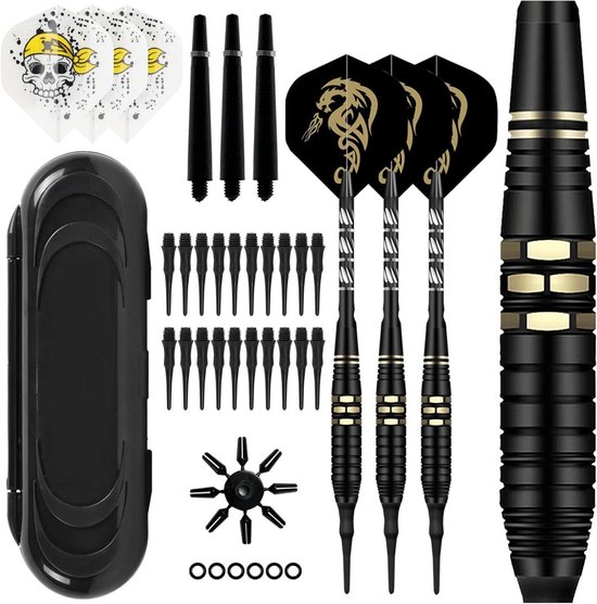 Professionele set van 3 zachte darts met plastic punt voor elektronische dartborden, 18 g met extra dart tips en rubber ringen
