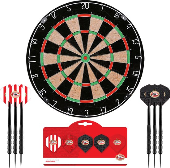 PSV Dartbord - Dartbord met 6 dartpijlen - Multipack 5 Sets Dart Flights - Dart Shafts - Darts - Cadeau van PSV