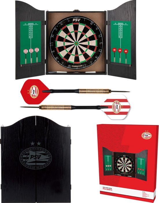 PSV Dartkabinet - Home Darts Centre - Dartbord met 6 dartpijlen - Dart Flights - Dart Shafts - Darts - Cadeau van PSV