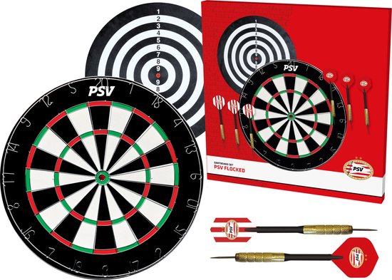 PSV Flocked Dartbord - Dubbelzijdig - Dartbord met 6 dartpijlen - Dart Flights - Dart Shafts - Darts - Cadeau van PSV
