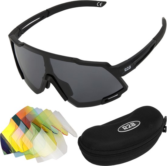 R2B Fietsbril met 5 Verwisselbare Lenzen - Unisex & Universeel - Sportbril - Wielrenbril - Zonnebril Heren - Zonnebril Dames - Fiets Accessoires - Fietsbrillen Heren en Dames - Sunglasses van R2B