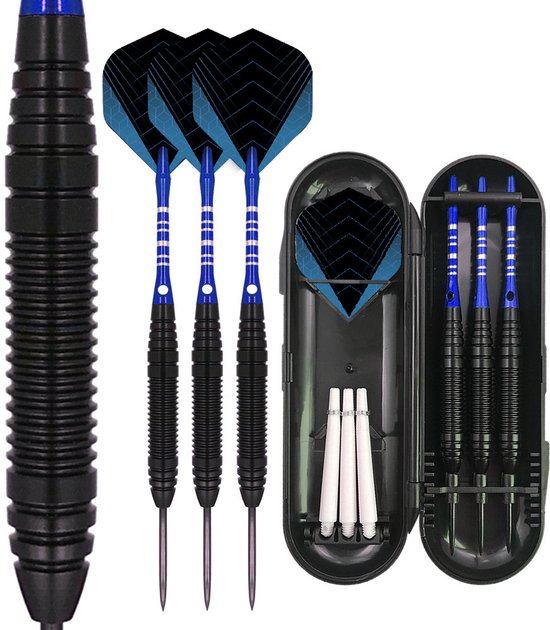 RAMBUX® Dartpijlen set - 23 gram - 3 hardtip darts - Steeltip dartpijlen - Metalen barrel met grip - Met dart case & opbergdoos - Reserve flights en shafts - Voor sisal dartbord - Blauw van rambux