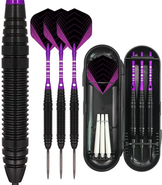 RAMBUX® Dartpijlen Set - Hardtip Dartpijlen - 23 Gram - 3 Stuks - Met Opbergdoos - Paars - Metalen Barrel - Sisal Dartbord