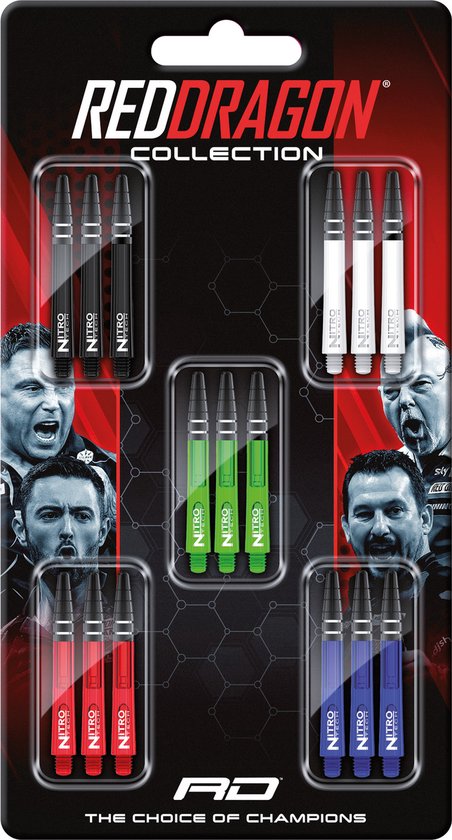 RED DRAGON - Nitrotech Schacht Collectie Medium - 1 sets per pakket van elke vlucht (15 dartschachten in totaal) van Red Dragon