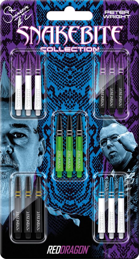 RED DRAGON - Snakebite Schacht Collectie Tussenliggend - 1 sets per pakket van elke vlucht (15 dartschachten in totaal) van Red Dragon