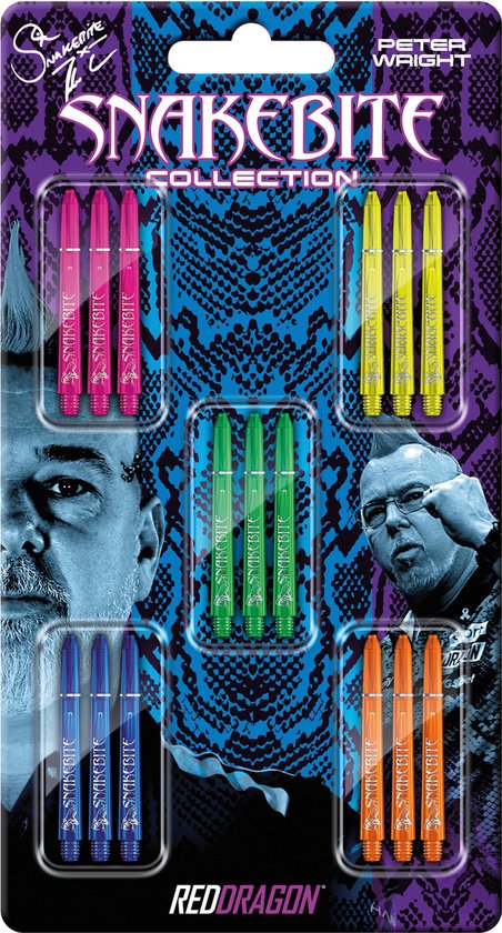 RED DRAGON - Snakebite Signature Schacht Collectie Medium - 1 sets per pakket van elke vlucht (15 dartschachten in totaal) van Red Dragon