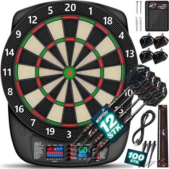 RE:SPORT® Professionele elektronische dartset met 12 pijlen + 24 Pro flights + 100 pijlpunten & accessoires, e-dartautomaat voor 1-8 spelers met 427 varianten, elektrisch dartbord met led-display van Merkloos