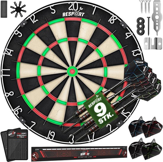 RE:SPORT® Sisal Premium Dartboard XXL set met 9 professionele dartpijlen + 24 Pro flights + accessoires | Steeldart dartbord incl. montageset | stalen dartbord met pijlen metalen punt startlijn van Merkloos