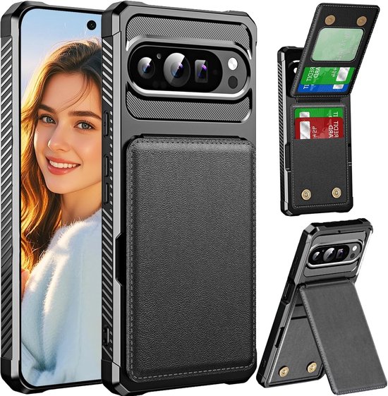 Robuuste en Schokbestendige Telefoonhoes met Kaartsleuven voor Google Pixel 9 Pro XL - Zwart Wallet Case met Standfunctie en Militaire Bescherming