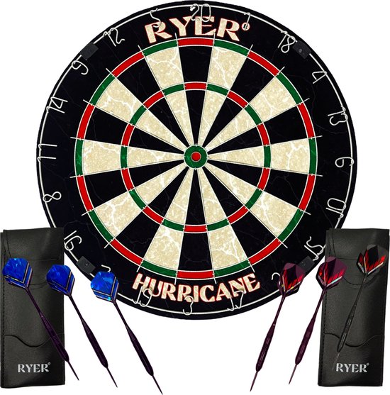 RYER Hurricane Dartbord - Eersteklas Sisal - Met 6 Darts en Leren Tasjes van Merkloos
