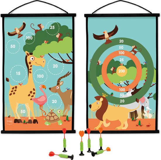 Scratch Active Play: START TO DART Safari 38x60cm, 2-zijdig bedrukt, met 6 darts met zuignappen, in doos, 5+ van Merkloos