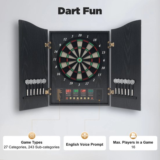Sensova Digitaal Elektronisch Dartbord met LED Display – 27 Spellen en 202 Variaties – Tot 8 Spelers – Inclusief 12 Darts en 30 Tips – Houten Beschermdeuren – 51x6,5x57 cm – Perfect voor Familie, Vrienden en Thuisgebruik