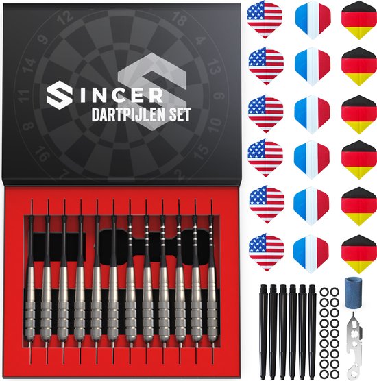 Sincer Dartpijlen Set - 23 Gram en 24 Gram Steeltip Darts - Set van 12 Pijlen – 70 Delige Darts Case – Giftbox met Dartspijlen, Shafts, Flights, Accessories en Extra Onderdelen van Sincer