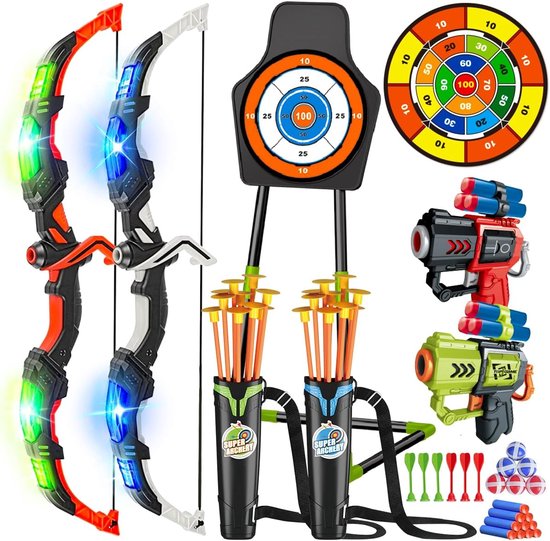 SnelShoppen - 2 Stuks Boog en Pijl Speelgoed voor Kinderen 3-12 Jaar - Lichtgevende Archery Set met Doel en 73 cm Dartbord - Binnen en Buiten Activite