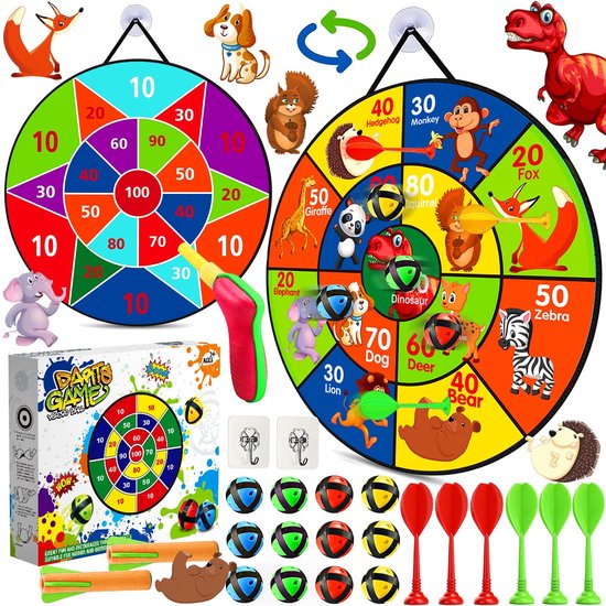 SnelShoppen - Amzeeniu Dartbord voor Kinderen 66 cm, Dubbelzijdig met 12 Kleverige Ballen, 6 Darts, 1 Pistool en 2 Haken, Veilig Sportspeelgoed voor M van Snelshoppen