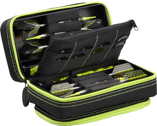 SnelShoppen - Casemaster Plazma Pro Dart-etui voor 6 darts, met vakje voor mobiele telefoon, zwart-geel, voor stalen en softtip punten, ideaal voor da