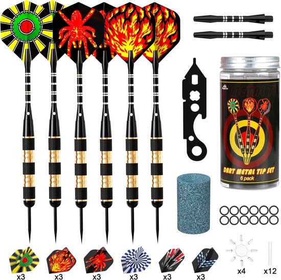 SnelShoppen - Professionele Dartpijlen Set - 6 Stuks Stalen Darts met Metalen Punt, 24 Gram, Aluminium Schachten, Flights, Slijper, O-Ringen - Perfect