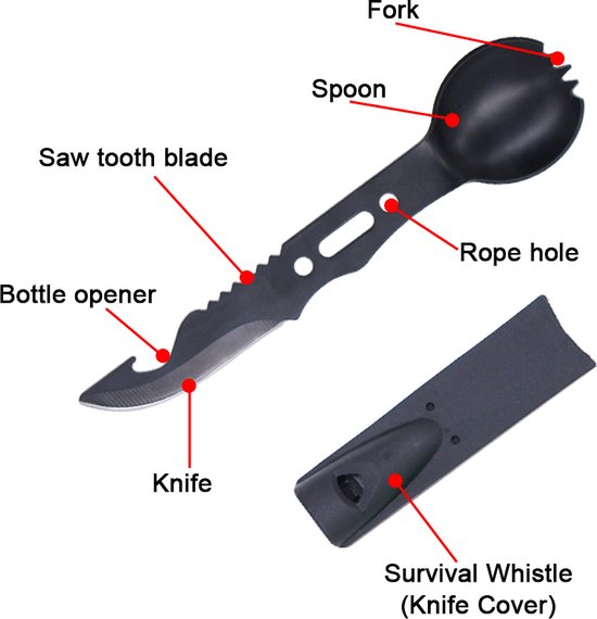 Spork - Outdoor - Kamperen - Survival - Nood fluit - Vork - Lepel - Mes - 7in1 - Multitool - Survival spork - Camping bestek van Merkloos