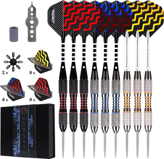 Staal Dartpijlen Set - 9 Stuks 24 Gram Professionele Darts - Aluminium Schachten - Darts Tool Case