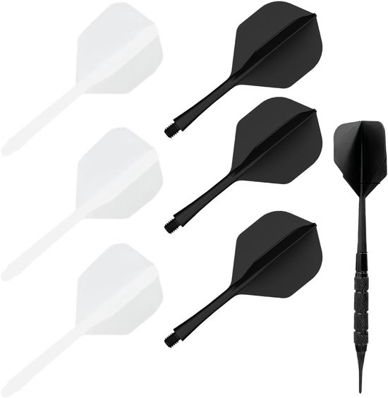 Stabiele dartaccessoires met geïntegreerde schachten en vaste flights - 6-delige set van plastic (zwart + wit) voor optimale prestaties