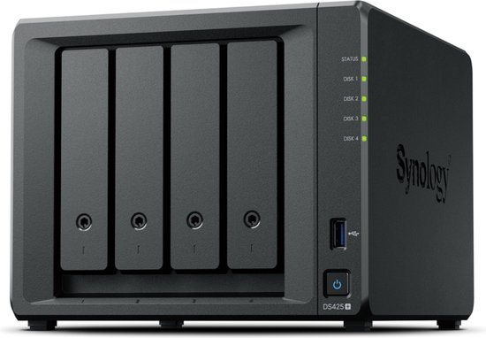 Synology DS425+ - NAS-Server - 4 bays - Intel Celeron J4125 - 2 GB DDR4 (uitbreidbaar tot 6 GB) - 3.5" - 2.5" - M.2 2280 NVMe - zwart van Synology