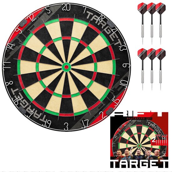 Target Darts Rift Dartbord Set met 6 Messing Darts 17g, Afrikaans Sisal Dartbord met Roterende Score Ring, Dunne Draad Systeem, Wandmontage Kit en 1 Maand DartCounter App Toegang