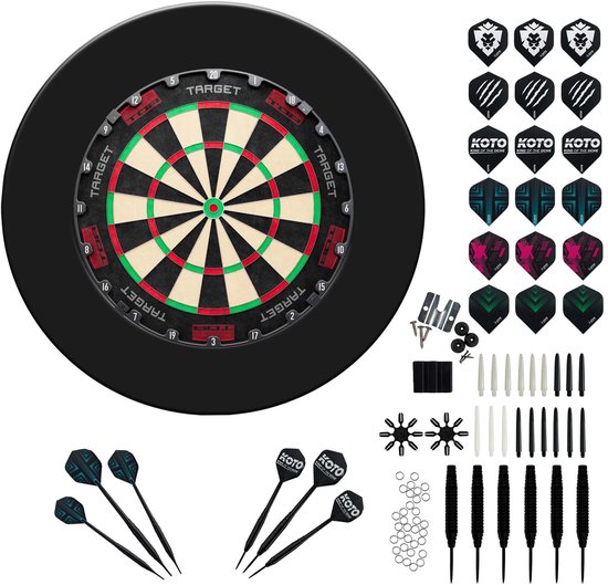 Target TOR Dartbord + Surround + KOTO Accessory Kit Steeltip Black 90 Pieces - Dartset Blauw van Merkloos