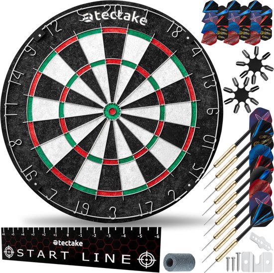 tectake® Dartbord Bully - Professionele Dartset met 9 Dartpijlen, 21 Dart Flights, Oche Line en Montagemateriaal - Darts met Extra Brede Vangring van Tectake
