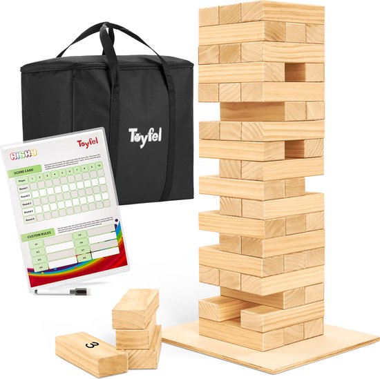 Toyfel Riski – Grote FSC® Houten Stapeltoren 70cm XXL – 54 Stapelen Stukken met Ondersteuningsbord & Scorebord – Spannend Openluchttuinspel voor het Gezin van Toyfel